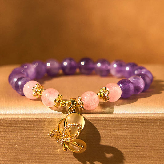 Wear FengShui Natural Amethyst Strawberry Quartz Crystal Healing Butterfly Charm Bracelet