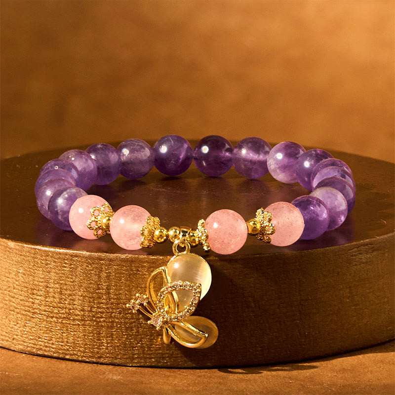 Wear FengShui Natural Amethyst Strawberry Quartz Crystal Healing Butterfly Charm Bracelet