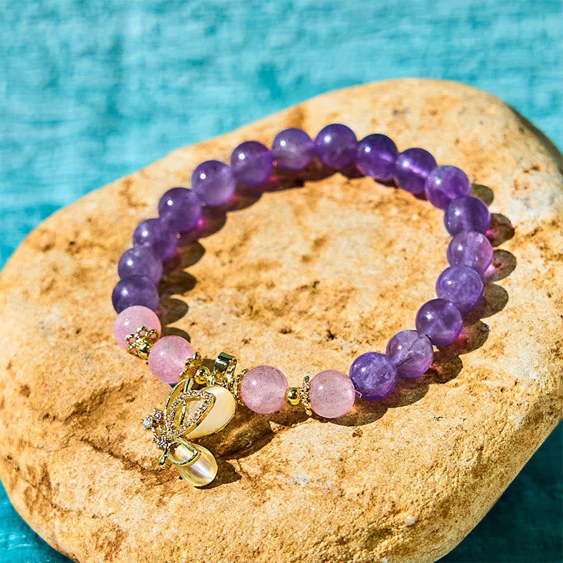 Wear FengShui Natural Amethyst Strawberry Quartz Crystal Healing Butterfly Charm Bracelet