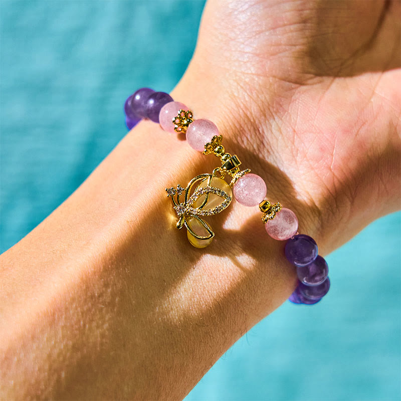 Wear FengShui Natural Amethyst Strawberry Quartz Crystal Healing Butterfly Charm Bracelet