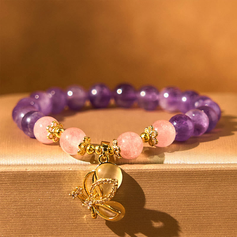 Wear FengShui Natural Amethyst Strawberry Quartz Crystal Healing Butterfly Charm Bracelet