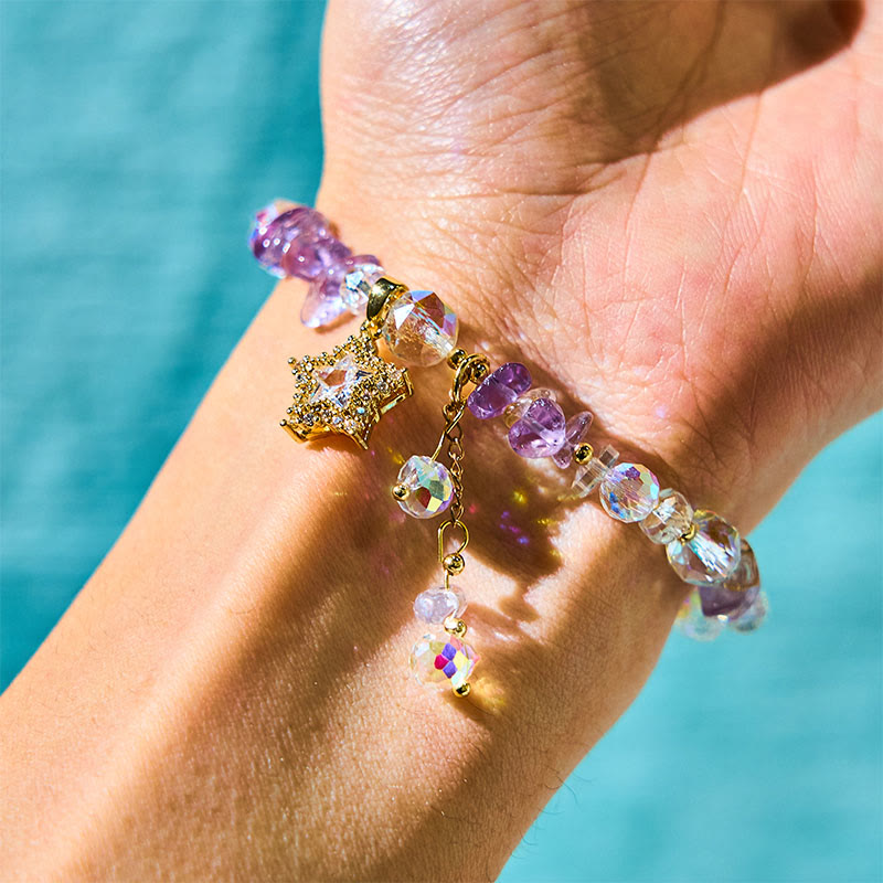 Wear FengShui Natural Amethyst Crystal Star Charm Positive Transformation Bracelet