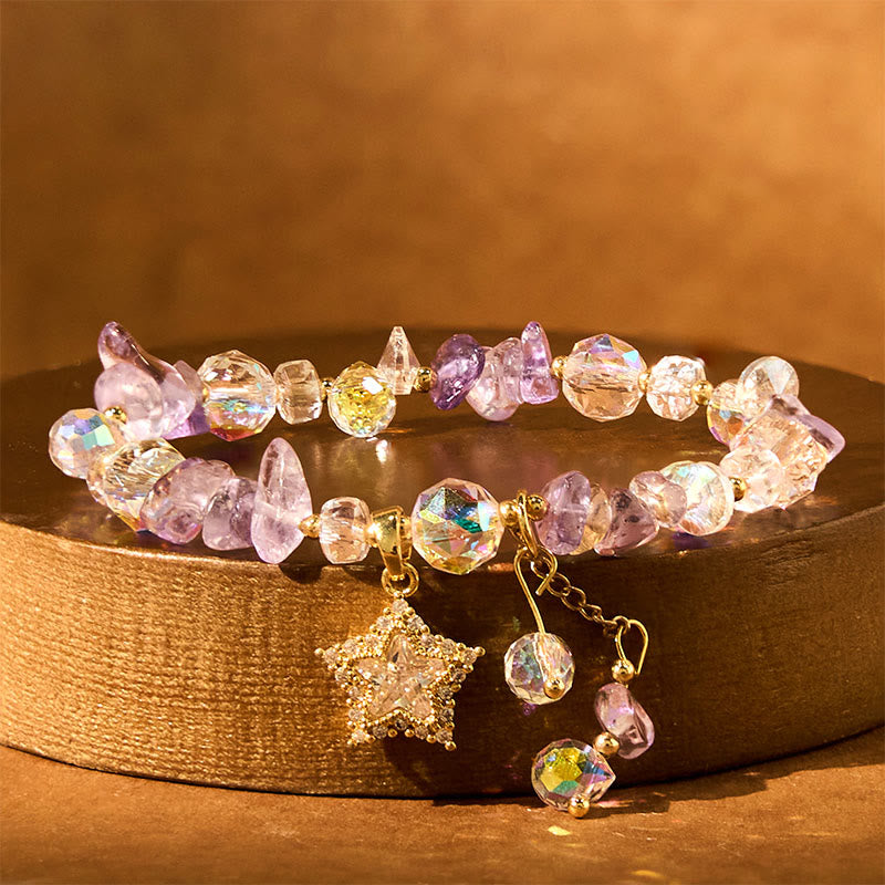 Wear FengShui Natural Amethyst Crystal Star Charm Positive Transformation Bracelet