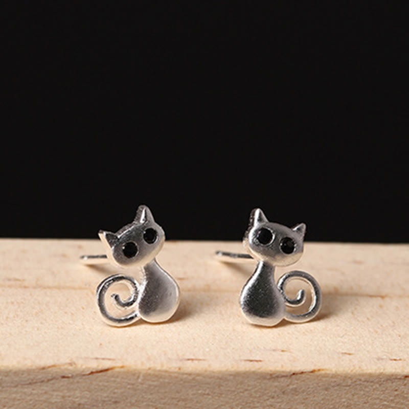Wear FengShui 925 Sterling Silver Posts Cute Cat Kitten Blessing Stud Earrings
