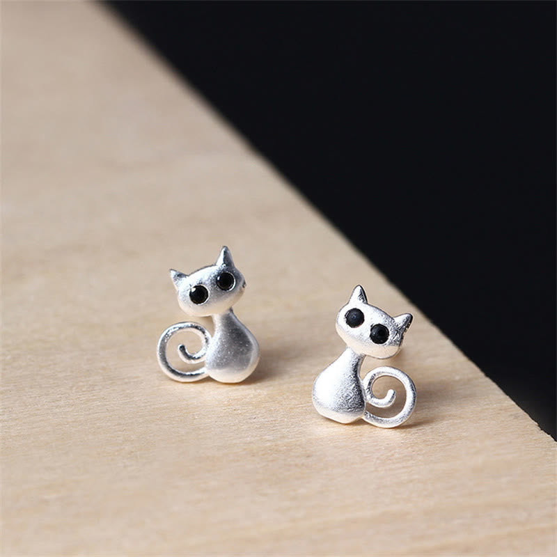 Wear FengShui 925 Sterling Silver Posts Cute Cat Kitten Blessing Stud Earrings