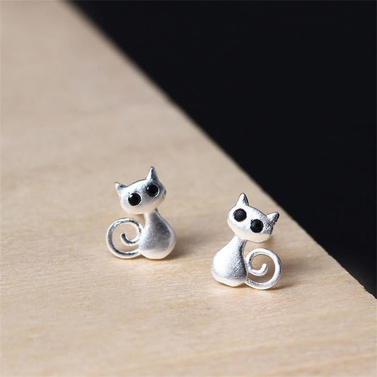 Wear FengShui 925 Sterling Silver Posts Cute Cat Kitten Blessing Stud Earrings