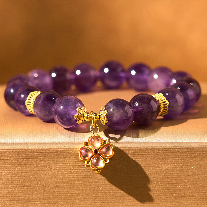 Wear FengShui Natural Amethyst Four Leaf Clover Charm Communication Bracelet