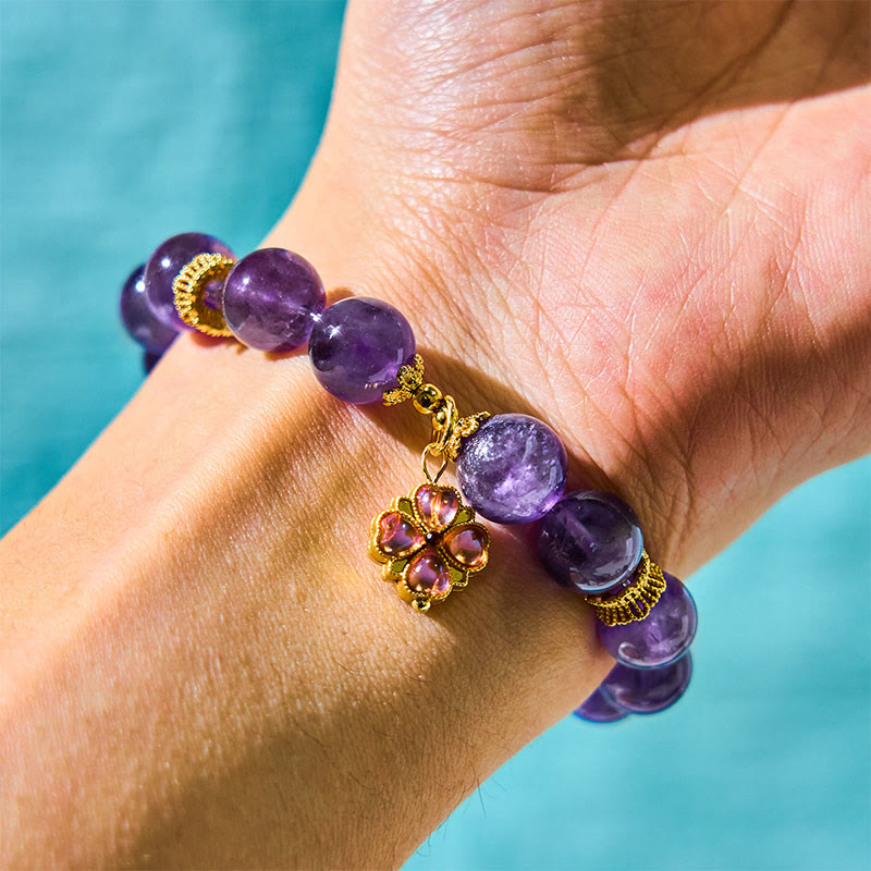 Wear FengShui Natural Amethyst Four Leaf Clover Charm Communication Bracelet