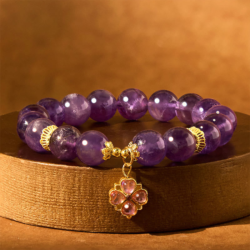 Wear FengShui Natural Amethyst Four Leaf Clover Charm Communication Bracelet