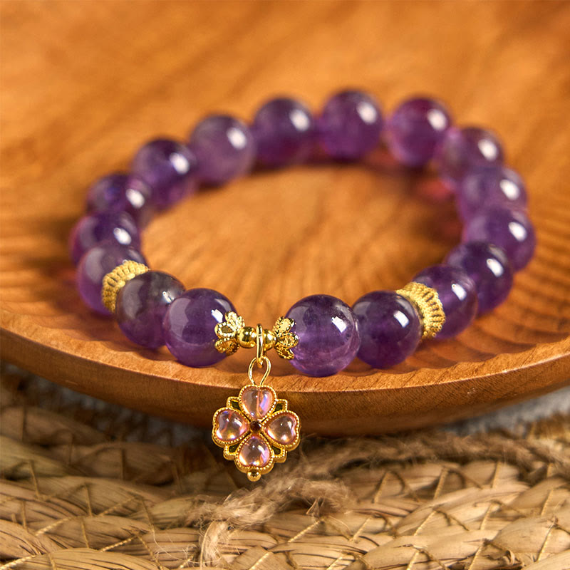 Wear FengShui Natural Amethyst Four Leaf Clover Charm Communication Bracelet