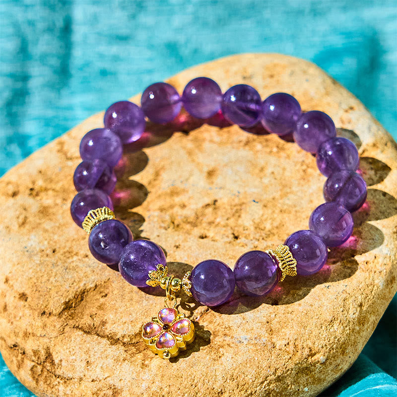 Wear FengShui Natural Amethyst Four Leaf Clover Charm Communication Bracelet