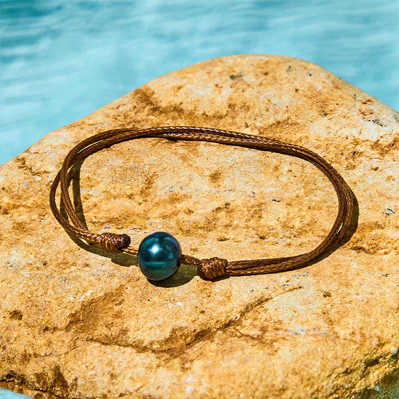 Wear FengShui Natural Tahitian Black Pearl Bead Wax Rope Healing Bracelet