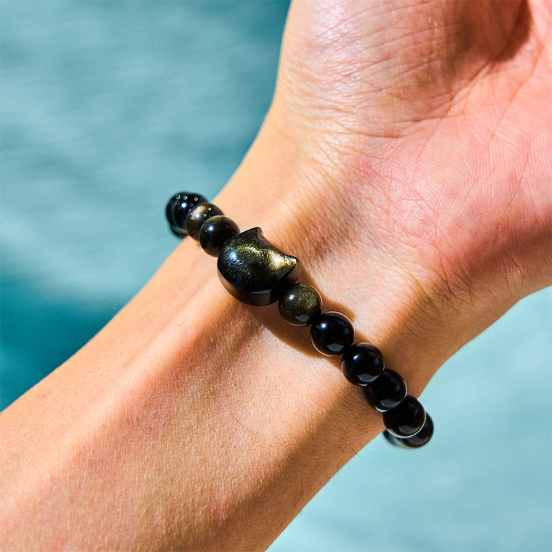 Wear FengShui Gold Sheen Obsidian Silver Sheen Obsidian Lovely Paw Lucky Cat Protection Bracelet