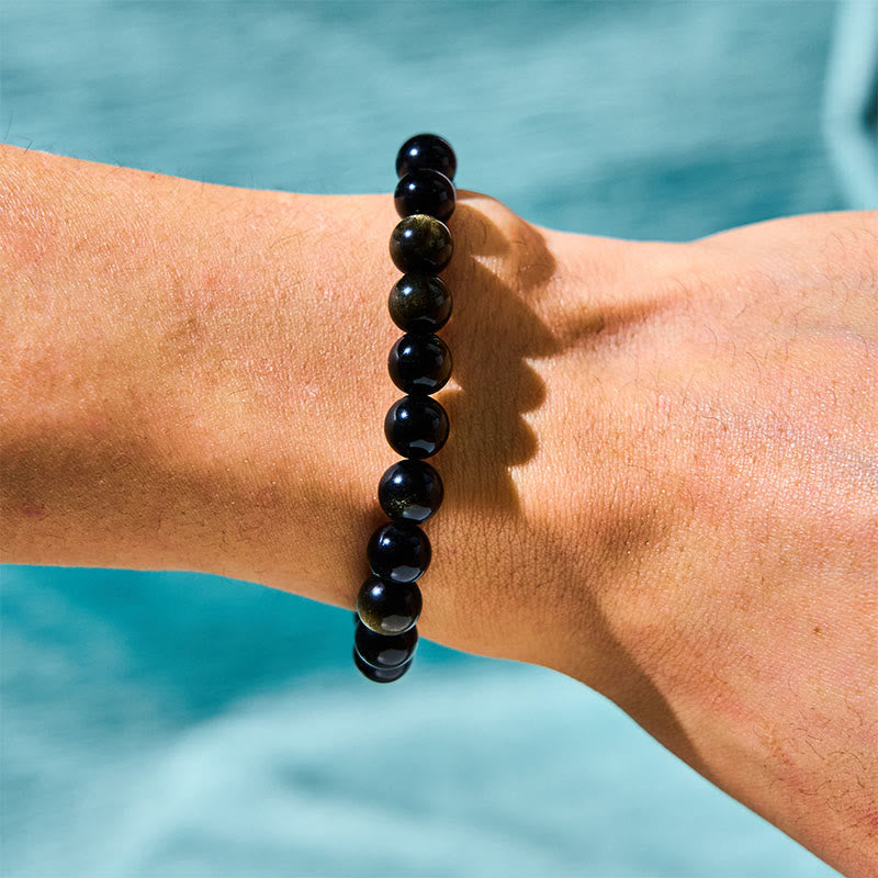 Wear FengShui Gold Sheen Obsidian Silver Sheen Obsidian Lovely Paw Lucky Cat Protection Bracelet