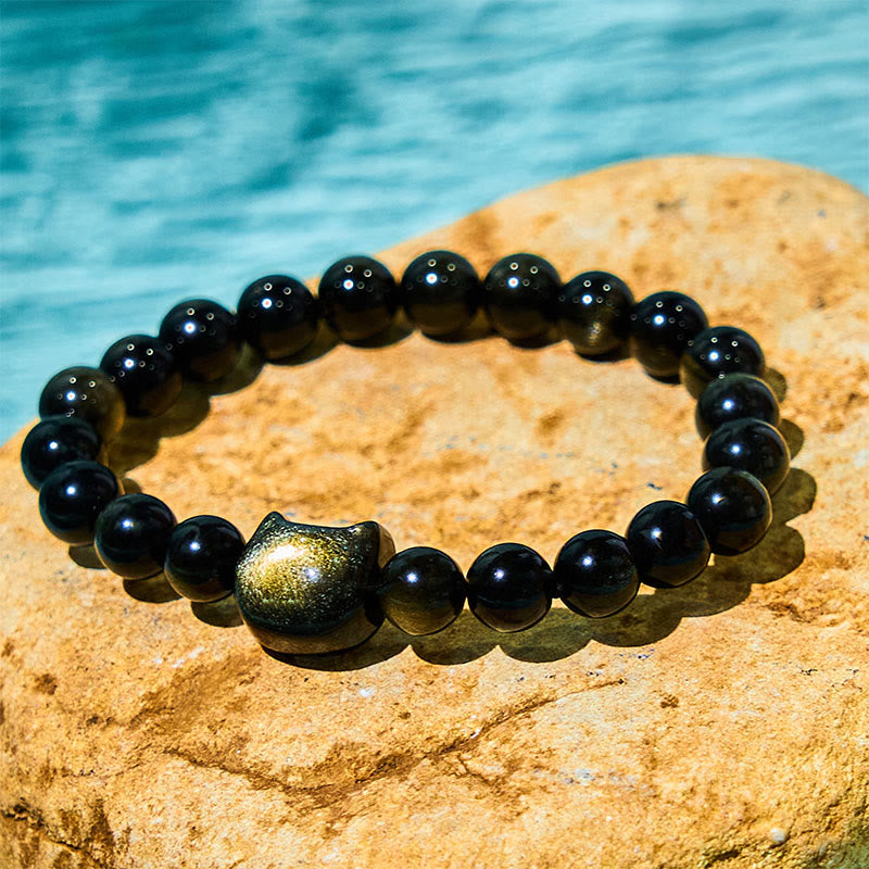 Wear FengShui Gold Sheen Obsidian Silver Sheen Obsidian Lovely Paw Lucky Cat Protection Bracelet