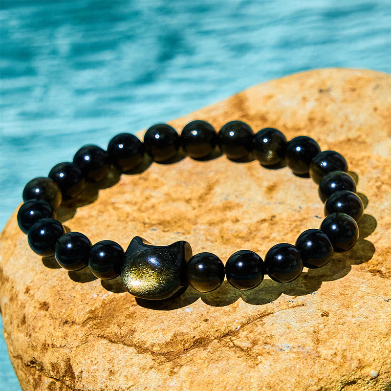 Wear FengShui Gold Sheen Obsidian Silver Sheen Obsidian Lovely Paw Lucky Cat Protection Bracelet