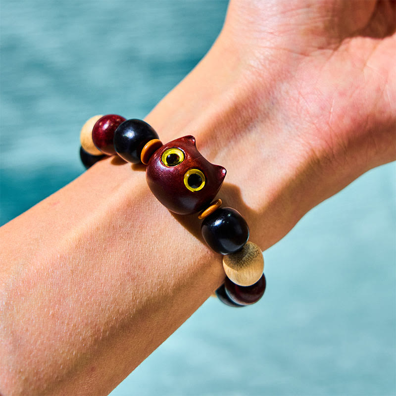 Wear FengShui Small Leaf Red Sandalwood Ebony Wood Cute Cat Engraved Protection Bracelet