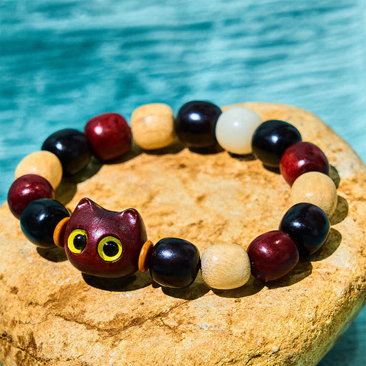 Wear FengShui Small Leaf Red Sandalwood Ebony Wood Cute Cat Engraved Protection Bracelet