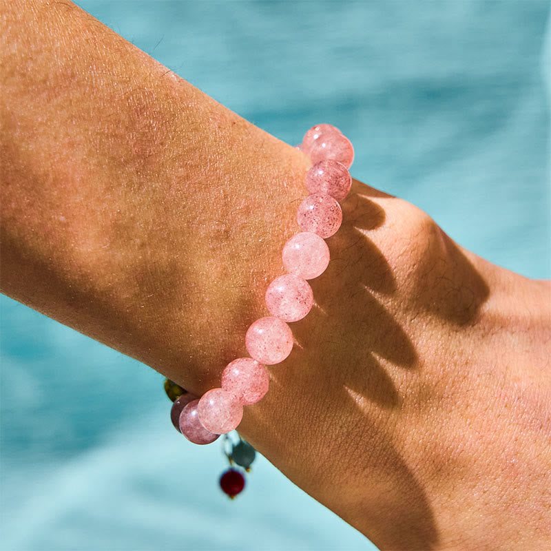 Wear FengShui Strawberry Quartz Jade Fu Character Charm Healing Bracelet