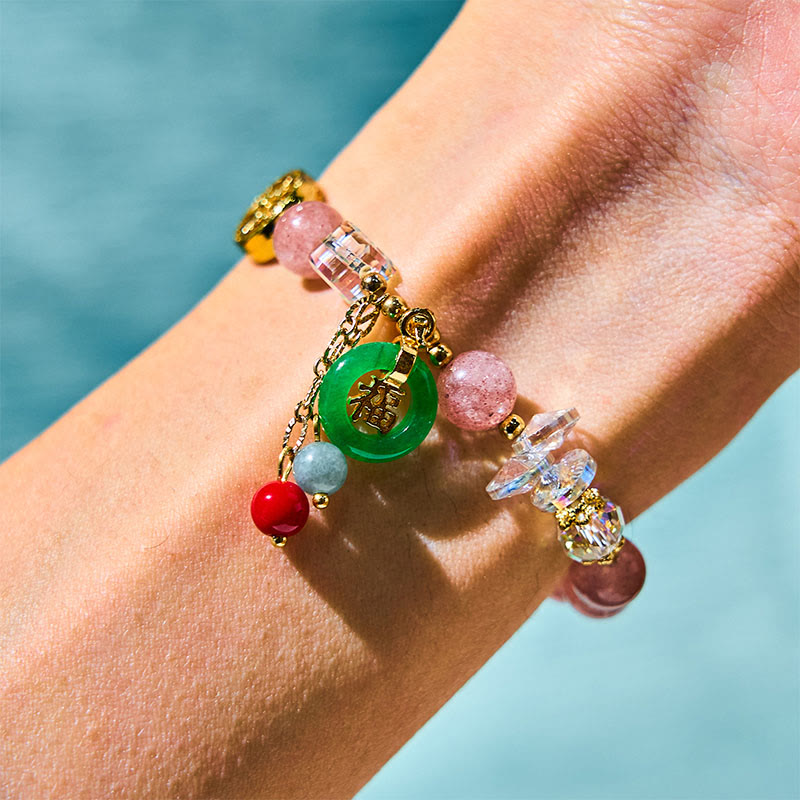 Wear FengShui Strawberry Quartz Jade Fu Character Charm Healing Bracelet