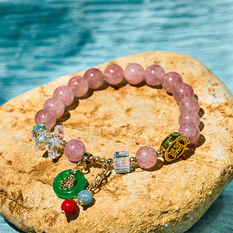 Wear FengShui Strawberry Quartz Jade Fu Character Charm Healing Bracelet
