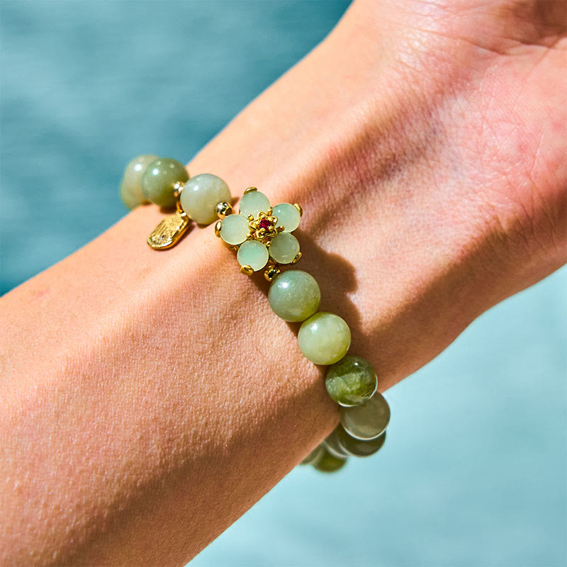 Wear FengShui Green Jade Flower Fu Character Charm Luck Bracelet