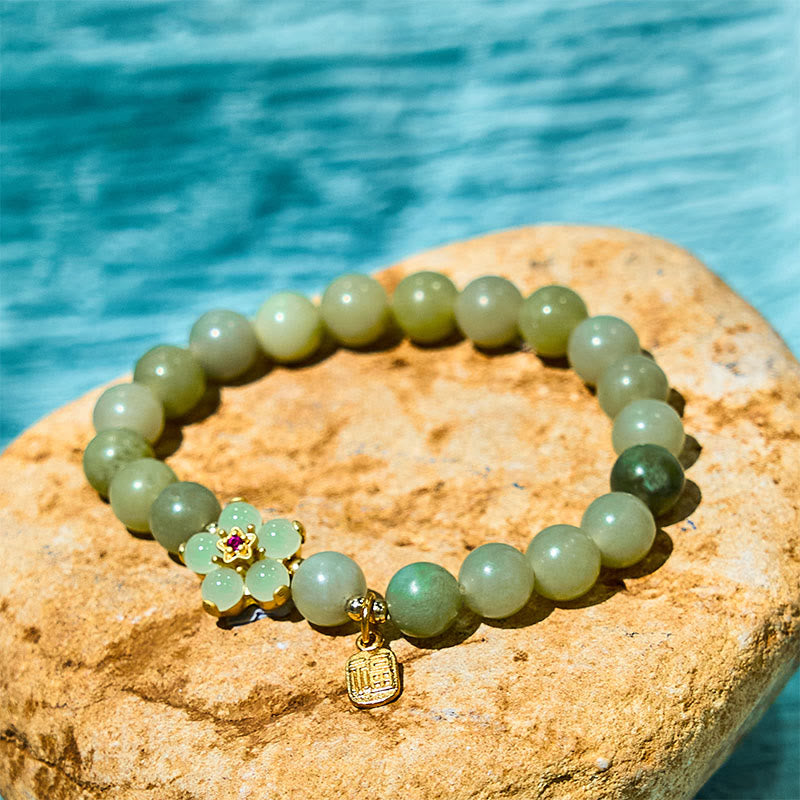 Wear FengShui Green Jade Flower Fu Character Charm Luck Bracelet