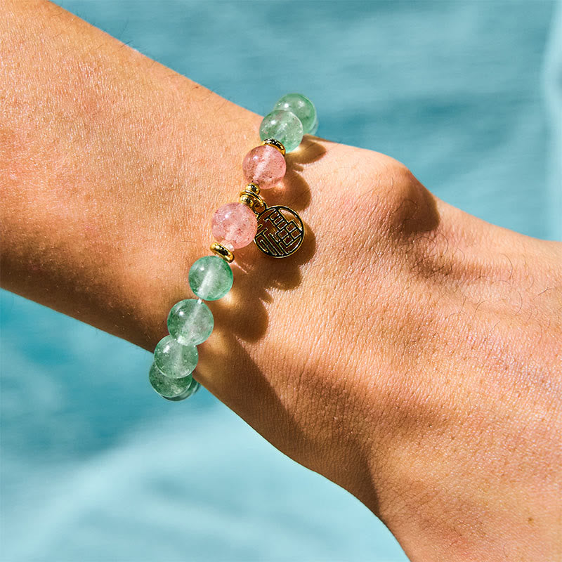 Wear FengShui Natural Green Strawberry Quartz Soothing Fu Character Bracelet