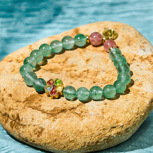 Wear FengShui Natural Green Strawberry Quartz Soothing Fu Character Bracelet