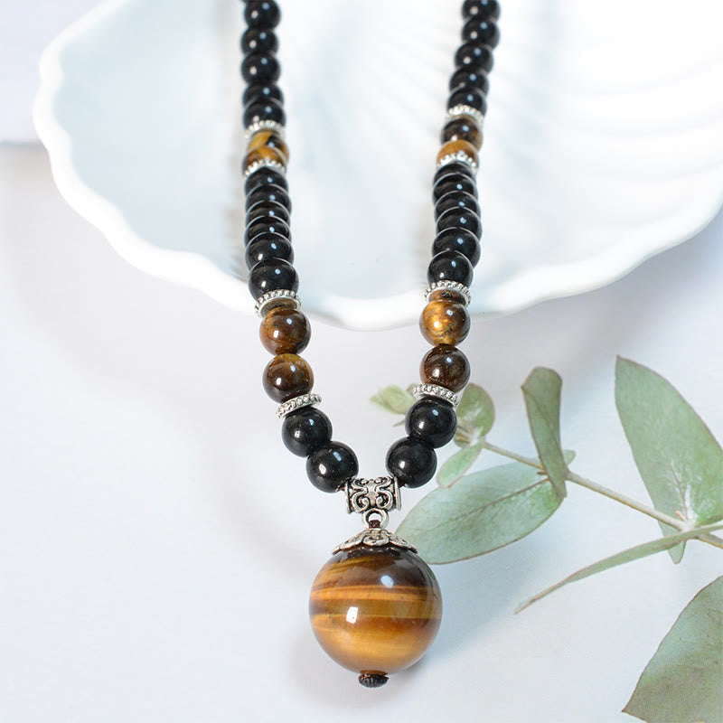 Wear FengShui Black Obsidian Tiger Eye Strengthen Necklace Pendant