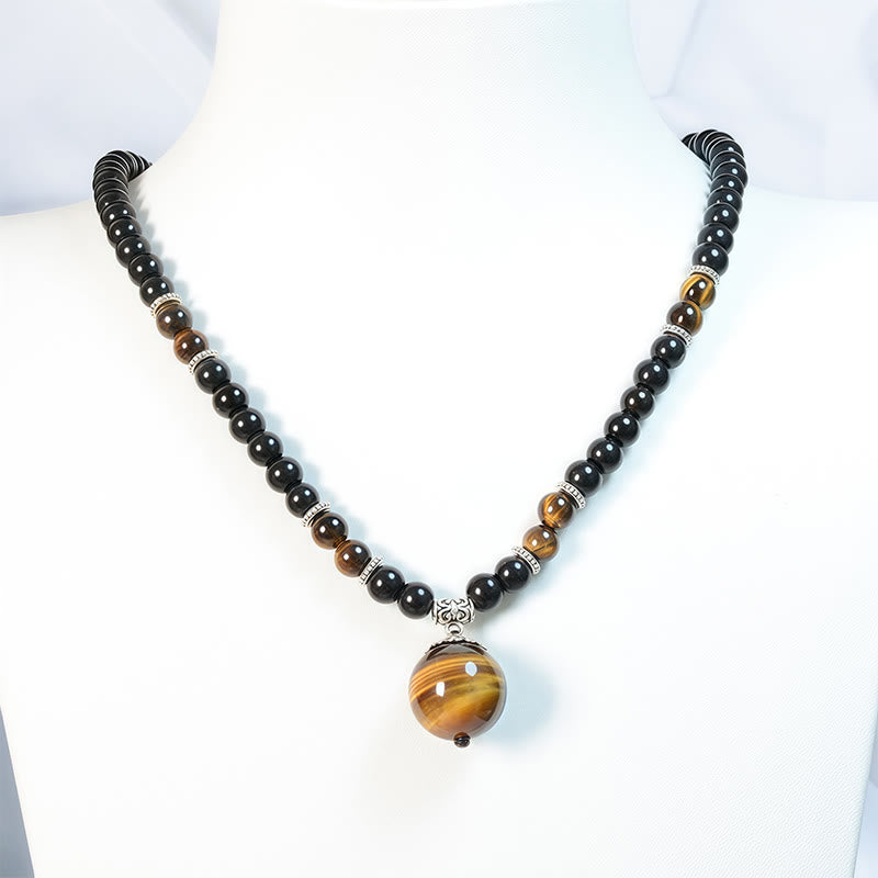 Wear FengShui Black Obsidian Tiger Eye Strengthen Necklace Pendant