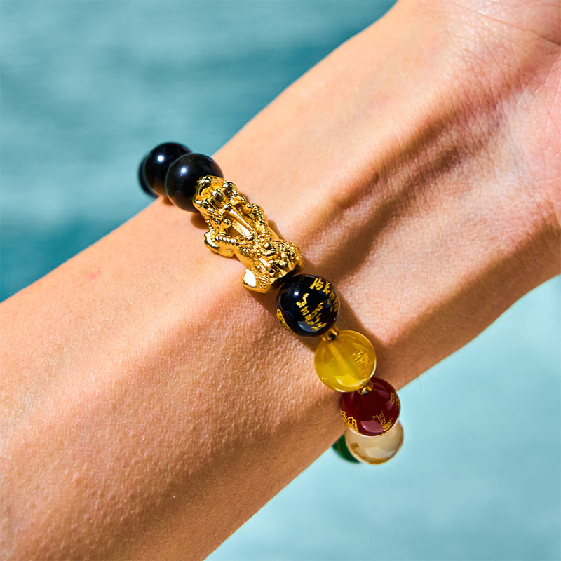 Wear FengShui Natural Gold Sheen Obsidian PiXiu Five Directions Gods of Wealth Protection Bracelet