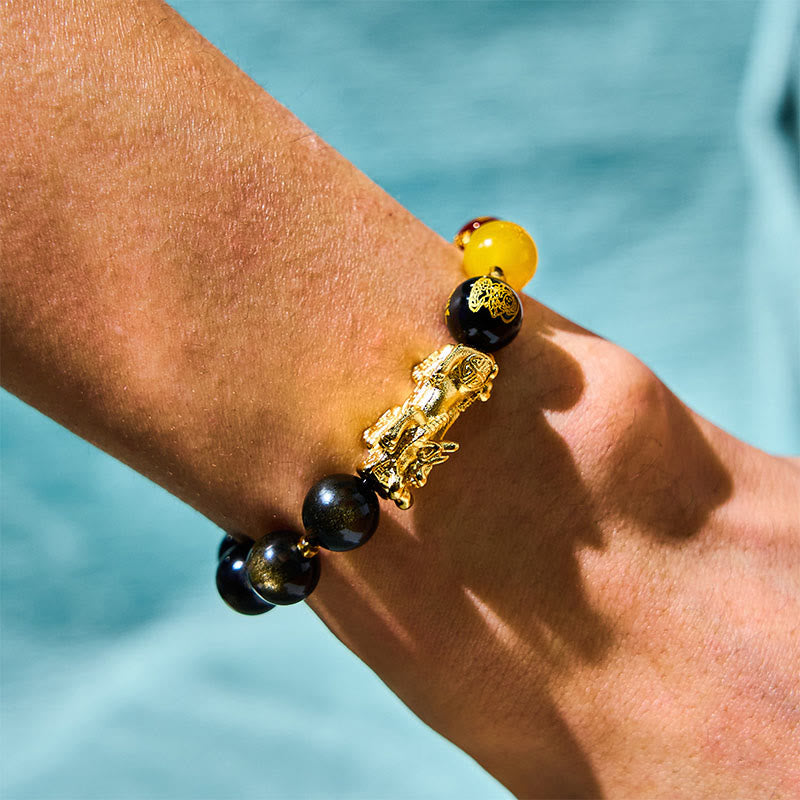 Wear FengShui Natural Gold Sheen Obsidian PiXiu Five Directions Gods of Wealth Protection Bracelet
