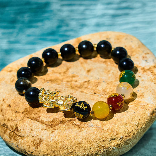 Wear FengShui Natural Gold Sheen Obsidian PiXiu Five Directions Gods of Wealth Protection Bracelet
