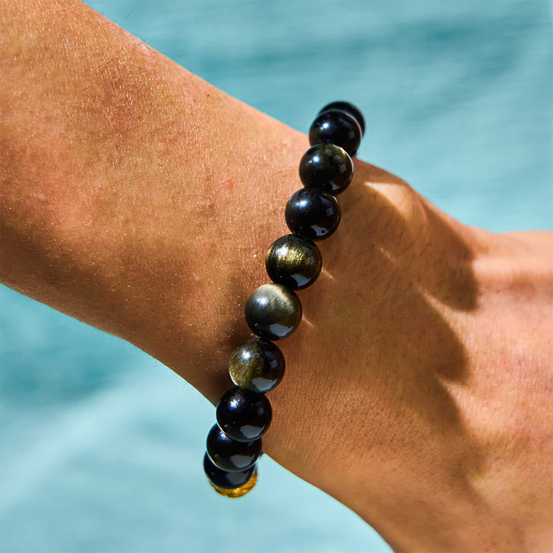 Wear FengShui Natural Gold Sheen Obsidian PiXiu Om Mani Padme Hum Wealth Bracelet