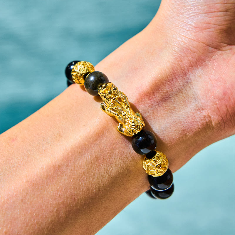 Wear FengShui Natural Gold Sheen Obsidian PiXiu Om Mani Padme Hum Wealth Bracelet