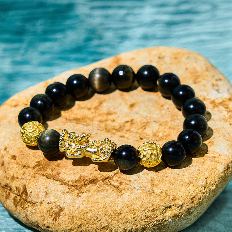 Wear FengShui Natural Gold Sheen Obsidian PiXiu Om Mani Padme Hum Wealth Bracelet