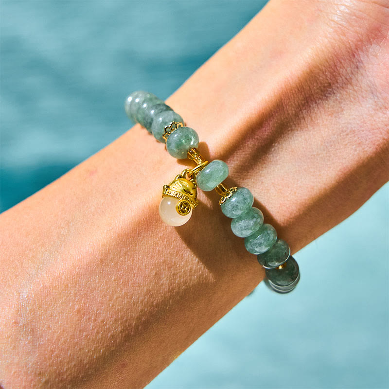 Wear FengShui Strawberry Quartz Cyan Jade Lucky Cat Beads Healing Bracelet