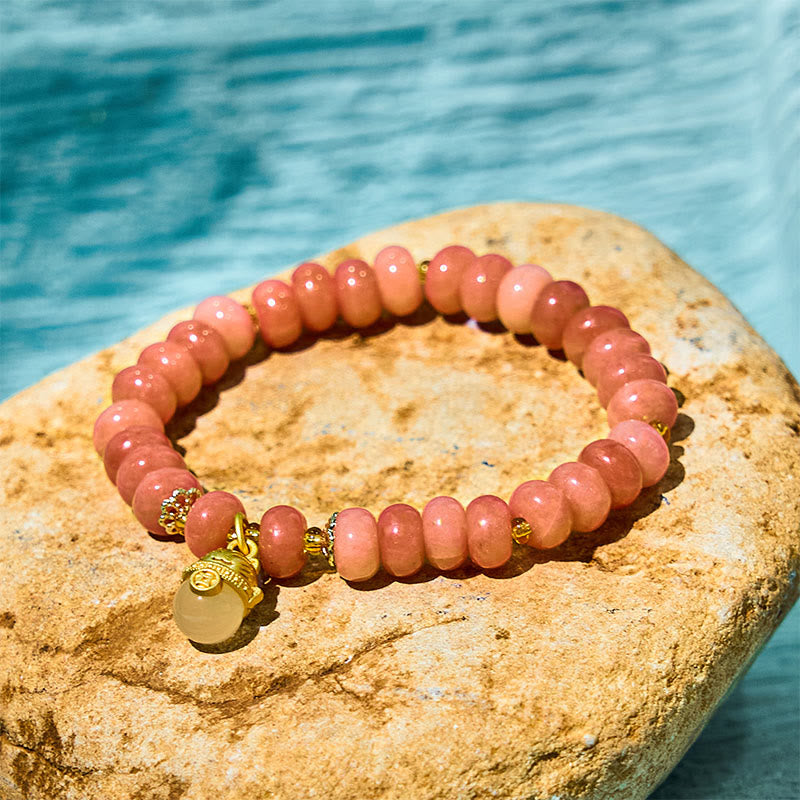 Wear FengShui Strawberry Quartz Cyan Jade Lucky Cat Beads Healing Bracelet