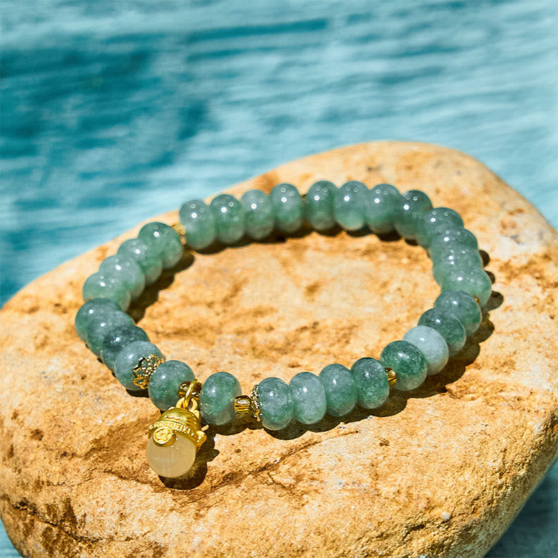 Wear FengShui Strawberry Quartz Cyan Jade Lucky Cat Beads Healing Bracelet