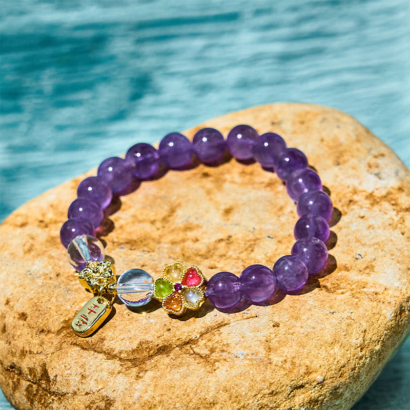 Wear FengShui Natural Amethyst White Crystal Flower Healing Safe And Well Charm Bracelet