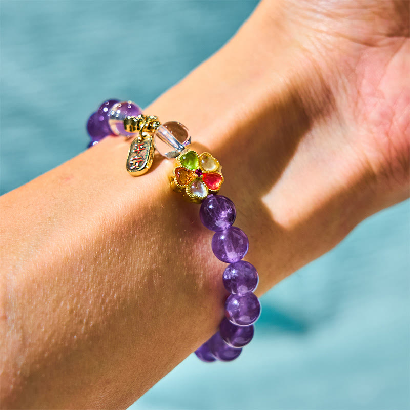 Wear FengShui Natural Amethyst White Crystal Flower Healing Safe And Well Charm Bracelet