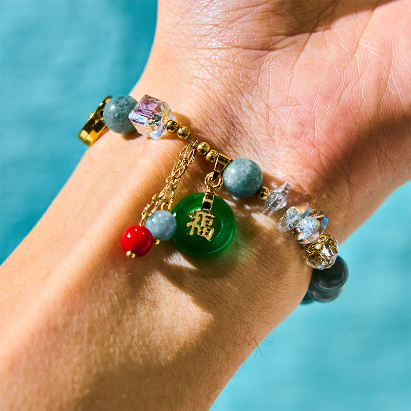 Wear FengShui Strawberry Quartz Jade Fu Character Charm Healing Bracelet