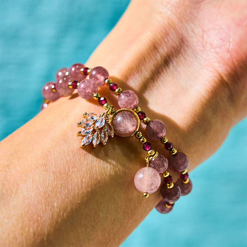 Wear FengShui Natural Strawberry Quartz Love Healing Maple Leaf Charm Double Wrap Bracelet