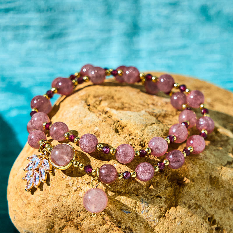 Wear FengShui Natural Strawberry Quartz Love Healing Maple Leaf Charm Double Wrap Bracelet