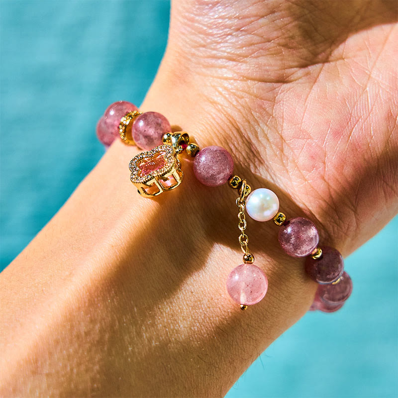 Wear FengShui Strawberry Quartz Pearl Four Leaf Clover Charm Healing Bracelet