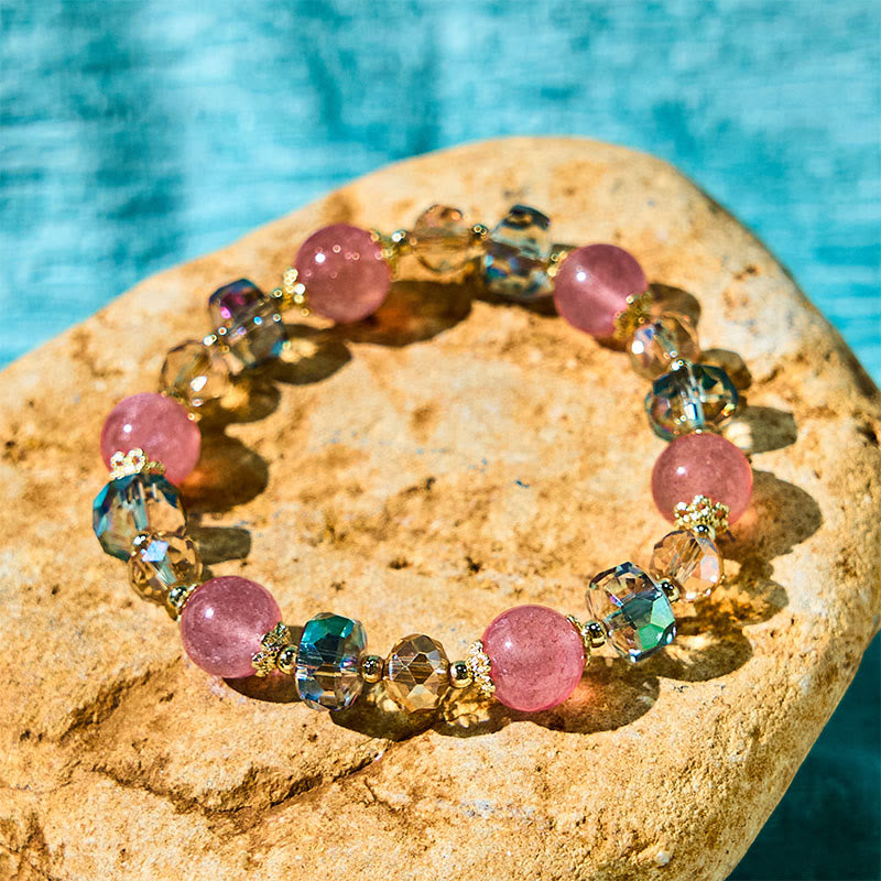 Wear FengShui Natural Strawberry Quartz Colorful Crystal Positive Bracelet