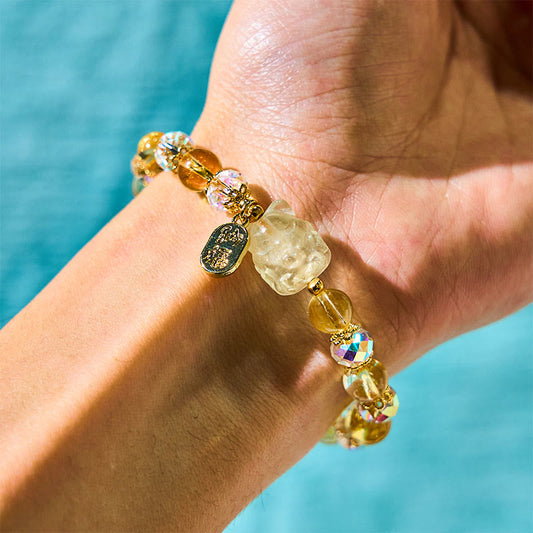 Wear FengShui Natural Citrine White Crystal Nine Tailed Fox Attracting Wealth Charm Energy Bracelet