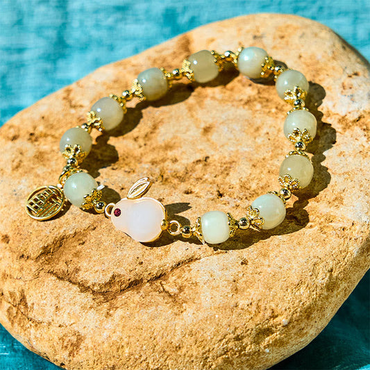 Wear FengShui Natural Hetian Jade Fu Character Fu Brand Rabbit Abundance Bracelet