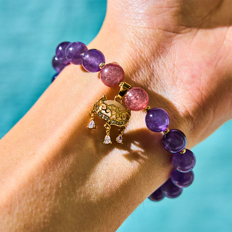 Wear FengShui Natural Amethyst Strawberry Quartz Peace Lock Charm Positive Bracelet